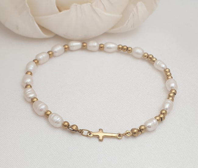 pozłacana bransoletka różaniec 1755/2 dziewczęca, perełki naturalne