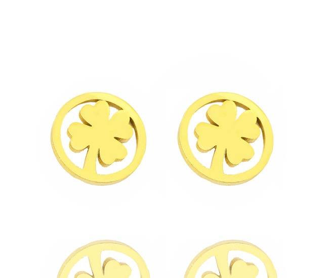 1232/26 kolczyki stalowe złote kółka z koniczynką 9 mm