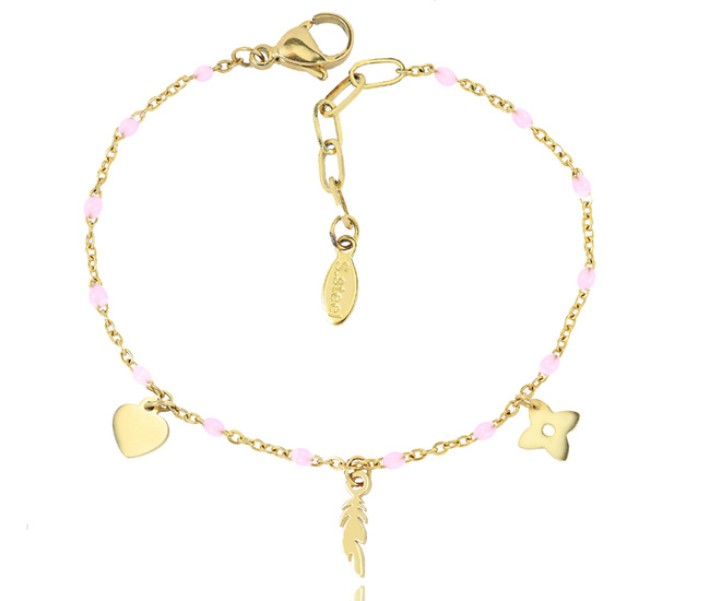 1326/29 bransoletka złota stal szlachetna różowa emialia z wisorkami