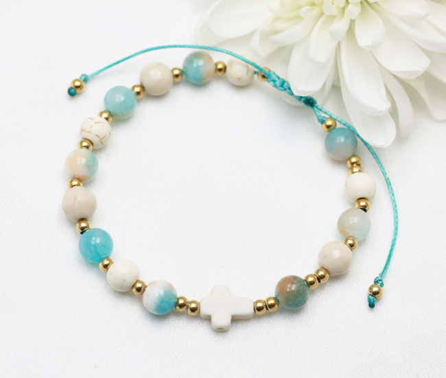 bransoletka różaniec stal złocona na sznureczku turkusowo kremowy 1877/12