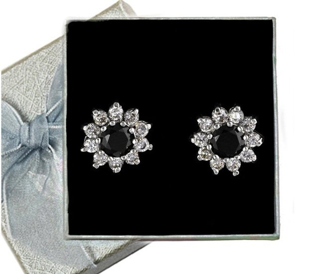 480/244  kolczyki srebrne kwiatuszki z czarnymi cyrkoniami