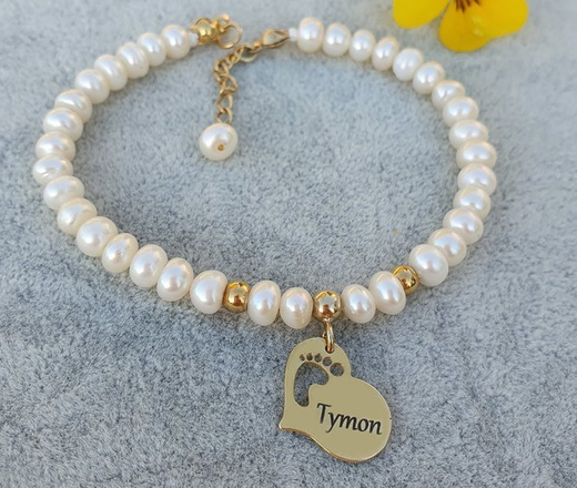 1112 BRANSOLETKA Z GRAWEREM złota perełki naturalne Mama dla mamy