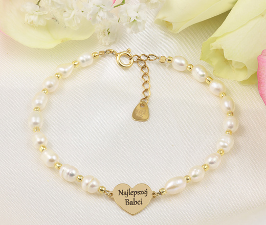 1607 Bransoletka dla babci z grawerem z perłami srebro 925 pozłacane
