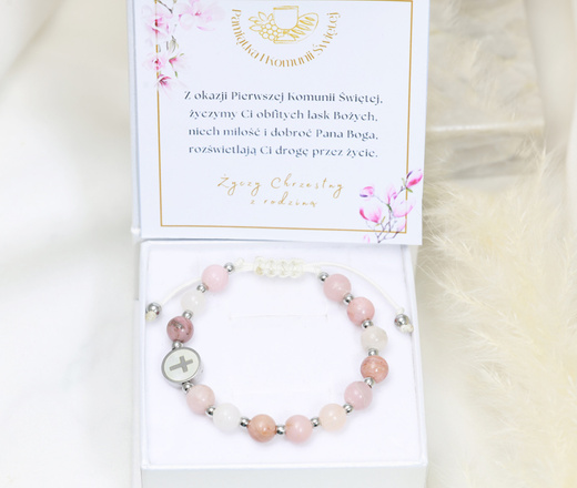 Bransoletka różaniec dla dziewczynki różowy 1813/3 z grawerem