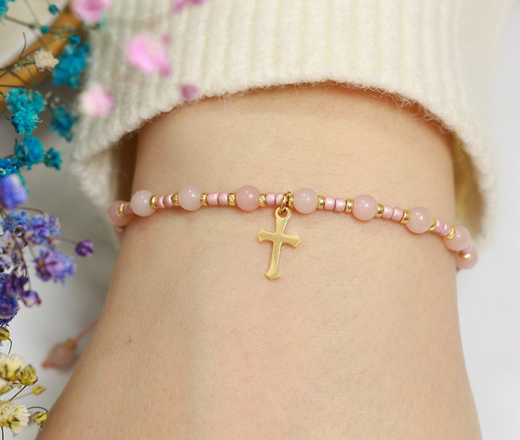 1631/12 bransoletka różaniec stal złocona z kamieniami naturalnymi