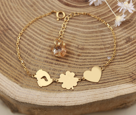 1481 bransoletka srebrna 925 złocona z grawerem koniczynka serce stopki