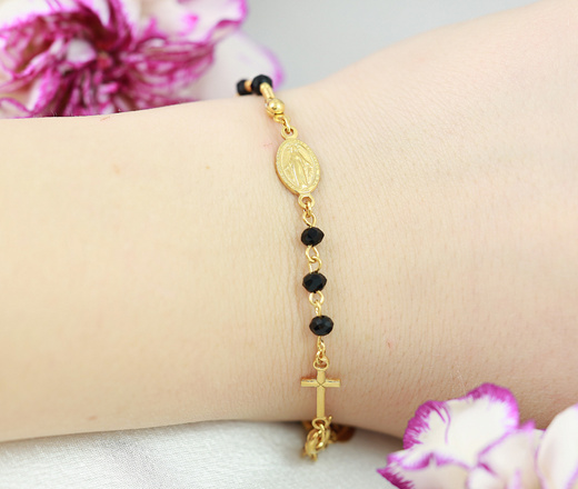 1571/3 bransoletka różaniec z czarnymi kryształkami pozłacana