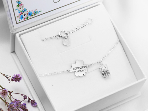 bransoletka dla nauczyciela srebrna 925 grawerowana serce i sowa 1814