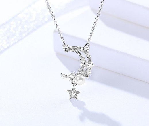 1064/9 Naszyjnik srebro rodowane księżyc gwiazdka perełki