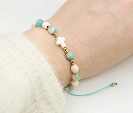 bransoletka różaniec stal złocona na sznureczku turkusowo kremowy 1877/12