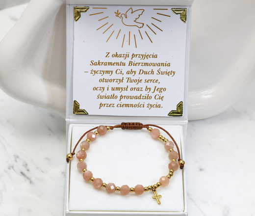 bransoletka różaniec stal złocona na sznureczku kamień słoneczny 1872/3