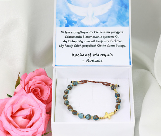 1627/6 bransoletka różaniec stal pozłacana na sznureczku z kamieniami naturalnymi jaspis