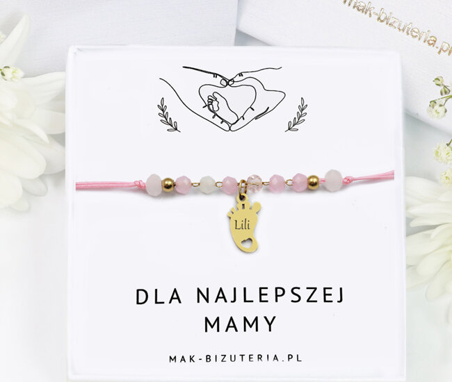 1717/7 różowa bransoletka ze stópką grawerowaną złota