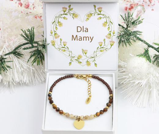 1734/7 brązowa bransoletka pozłacana z grawerem i kamieniami naturalnymi Premium