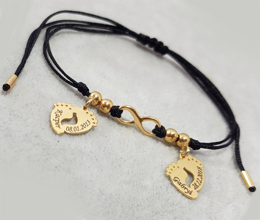 1059 BRANSOLETKA Z GRAWEREM złota sznurek stópki i serduszko