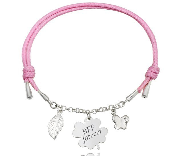 1151 bransoletka grawerowana srebrna na sznurku motylek koniczynka listek