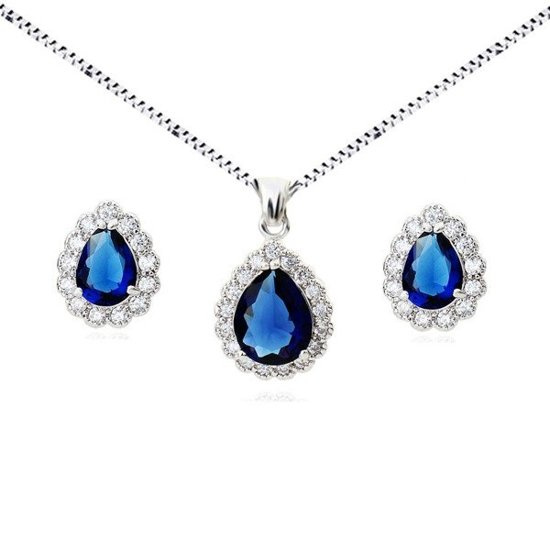 KPL 599/571 komplet kolczyki i wisiorek z szafirowymi łezkami plus łańcuszek, srebrny