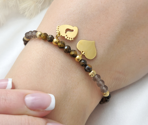 1734/3 brązowa bransoletka srebrna 925 pozłacana z grawerem i kamieniami naturalnymi