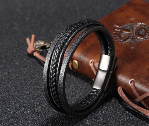 599/1127 męska bransoletka z grawerem skórzana czarna