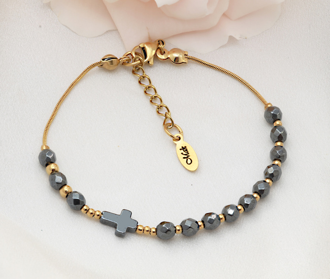 Bransoletka różaniec złota z hematytem 1848/1