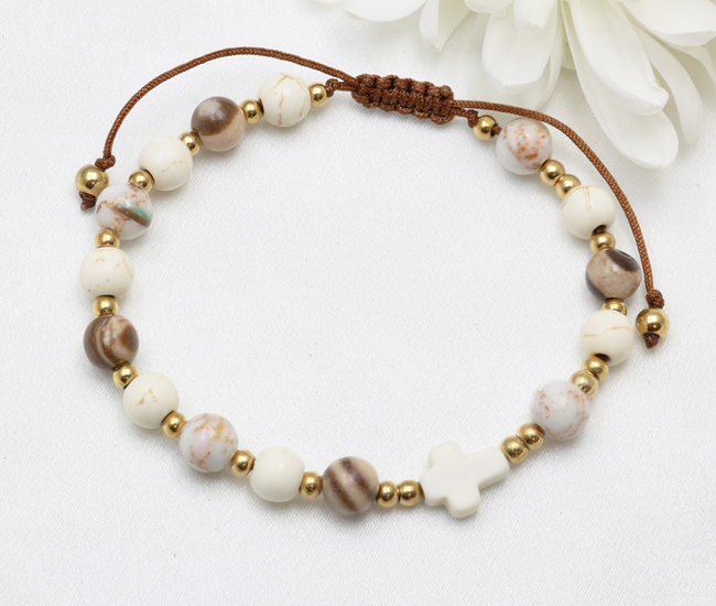 bransoletka różaniec stal złocona na sznureczku brązowo beżowy 1877/17