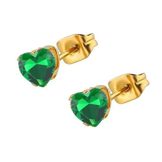 599/1023 Kolczyki serduszka złote 3 mm, zielone cyrkonie stal szlachetna pozłacana