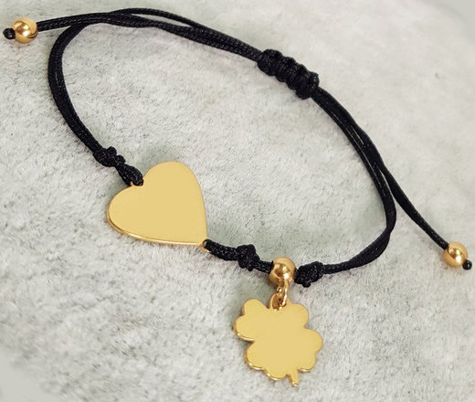 1054 BRANSOLETKA Z GRAWEREM złota na sznureczku infinity z koniczynka