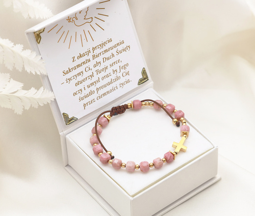 Bransoletka różaniec z krzyżykiem różowy - kostki rodonitu 1877/9