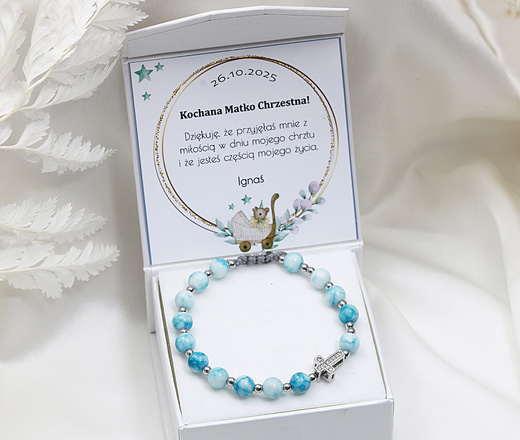 Bransoletka różaniec z krzyżykiem błękitny Larimar 1877/7