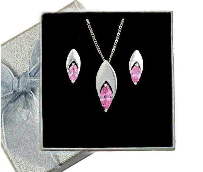 480/102  komplet srebrny łezki z różowymii cyrkoniami