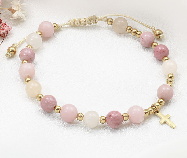 Bransoletka różaniec 1758/4, kamienie naturalne pastelowy róż