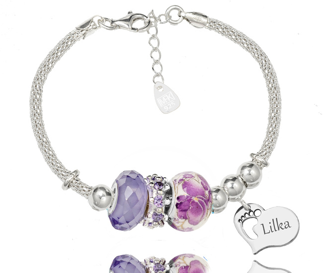 1305 bransoletka grawerowana z serduszkiem beads srebrna fioletowa