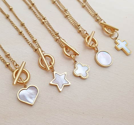 1232/27 naszyjnik złoty stalowy grawerowany z masą perłową koniczynka