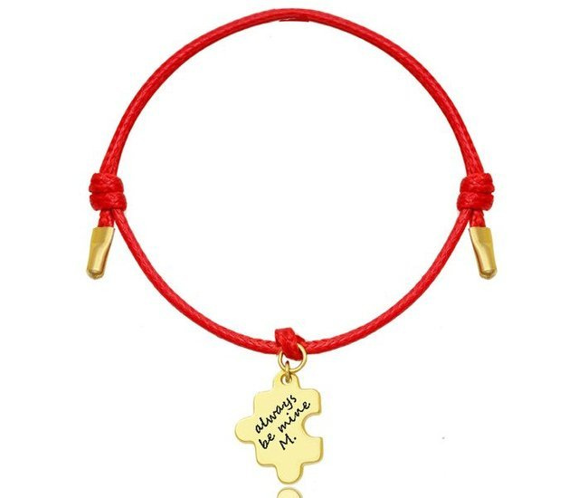 1104 BRANSOLETKA Z GRAWEREM złoty puzzel  na sznureczku