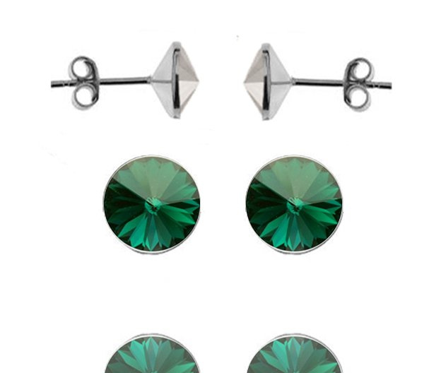 696 Kolczyki Swarovski Elements 6 mm srebro 925 emerald - ciemno-zielony