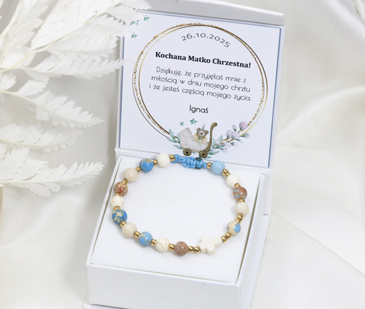 bransoletka różaniec stal złocona na sznureczku turkusowo kremowy 1877/15
