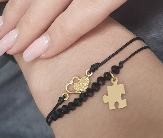 1051 BRANSOLETKA GRAWEROWANA podwójna połączone serduszka puzzel złoty