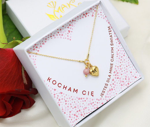 Naszyjnik z sercem grawerowanym, srebro 925 pozłacane z rodonitem 1899/10 zestaw walentynkowy