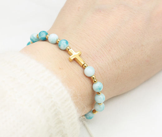 Bransoletka różaniec z krzyżykiem błękitny jadeit 1877/8