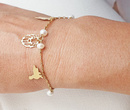 1199 bransoletka pozłacana grawerowana z zawieszkami srebro 925 perełki lew ptaszki koniczynka