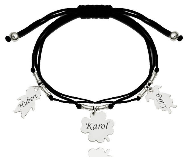 1271 bransoletka grawerowana srebrna 925 na sznurku trzy zawieszki