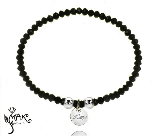 BR825 BRANSOLETKA Z GRAWEREM stal kryształki czarna kółko