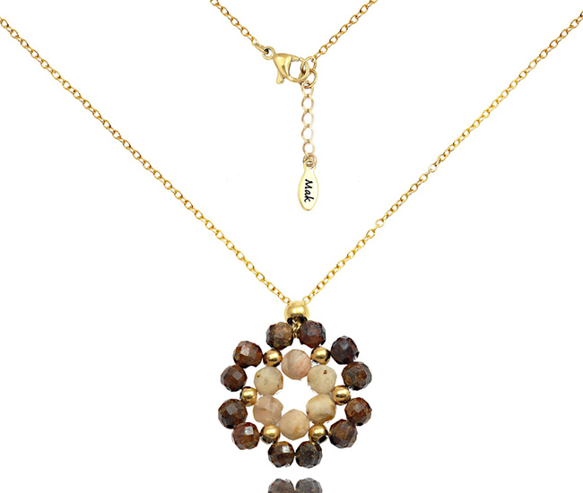 1734/12 beżowo-brązowy naszyjnik pozłacany z rozetą z kamieni naturalnych Premium