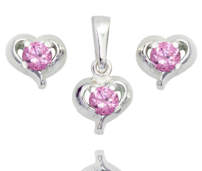 480/366 komplet srebrny 925 serca, cyrkonia różowa  kolczyki wisiorek