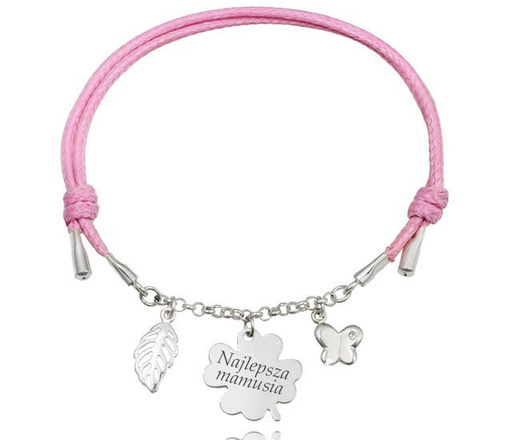 1151 bransoletka grawerowana srebrna na sznurku motylek koniczynka listek