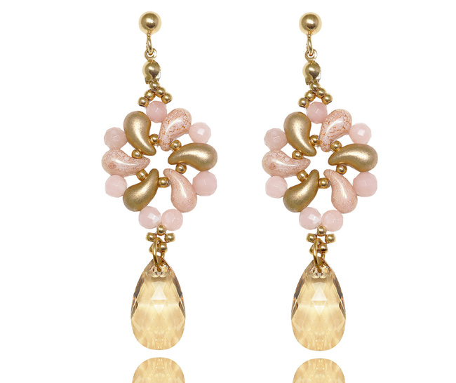 kolczyki pozłacane beżowo-różowe wyplatane ręcznie 1816/13