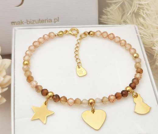 1734/5 beżowa bransoletka srebrna 925 z grawerem i kamieniami naturalnymi