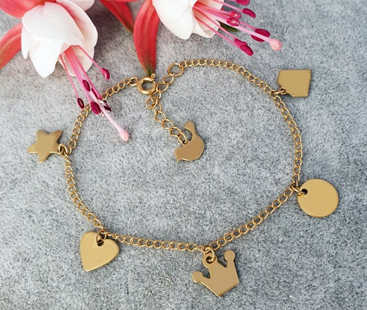 1196 bransoletka grawerowana z zawieszkami serce srebro 925 pozłacane diament korona