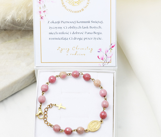 pozłacana bransoletka różaniec beżowo-różowy rodonit 1808/3
