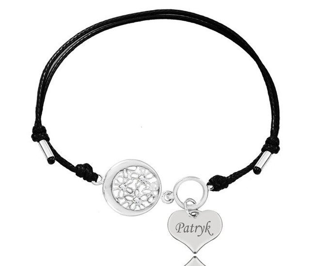 1076 BRANSOLETKA GRAWEROWANA na sznureczku ażurowe kwiaty serce